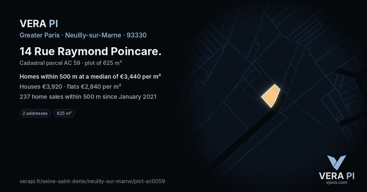 14 Rue Raymond Poincare, Neuilly-sur-Marne at night – the plot lit, the parcels around coloured by the prices near them