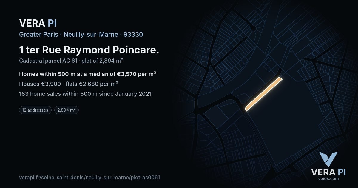 1 ter Rue Raymond Poincare, Neuilly-sur-Marne at night – the plot lit, the parcels around coloured by the prices near them