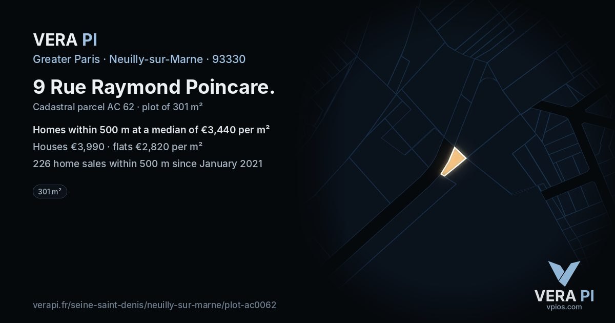 9 Rue Raymond Poincare, Neuilly-sur-Marne at night – the plot lit, the parcels around coloured by the prices near them