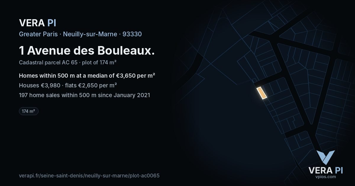 1 Avenue des Bouleaux, Neuilly-sur-Marne at night – the plot lit, the parcels around coloured by the prices near them