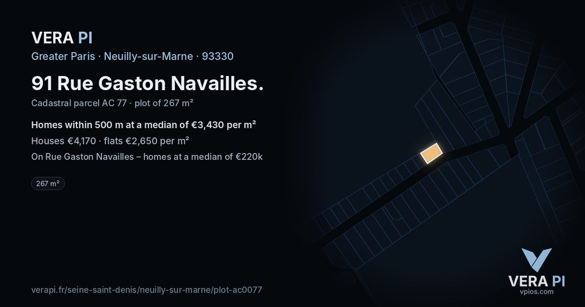 91 Rue Gaston Navailles, Neuilly-sur-Marne at night – the plot lit, the parcels around coloured by the prices near them