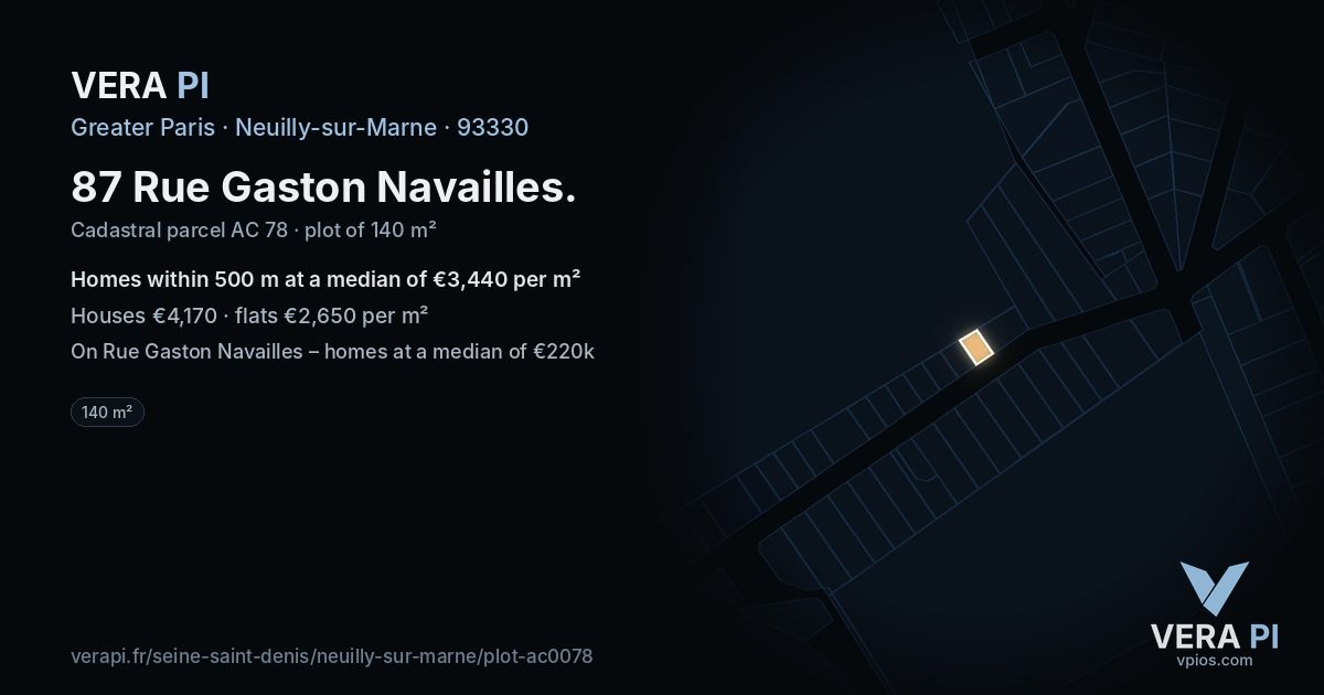 87 Rue Gaston Navailles, Neuilly-sur-Marne at night – the plot lit, the parcels around coloured by the prices near them