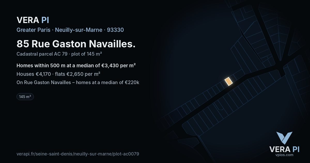 85 Rue Gaston Navailles, Neuilly-sur-Marne at night – the plot lit, the parcels around coloured by the prices near them