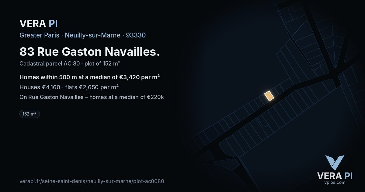 83 Rue Gaston Navailles, Neuilly-sur-Marne at night – the plot lit, the parcels around coloured by the prices near them