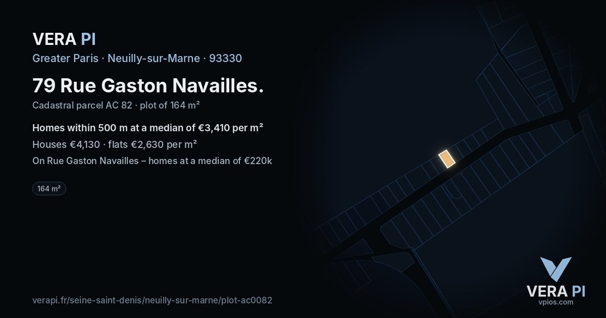 79 Rue Gaston Navailles, Neuilly-sur-Marne at night – the plot lit, the parcels around coloured by the prices near them