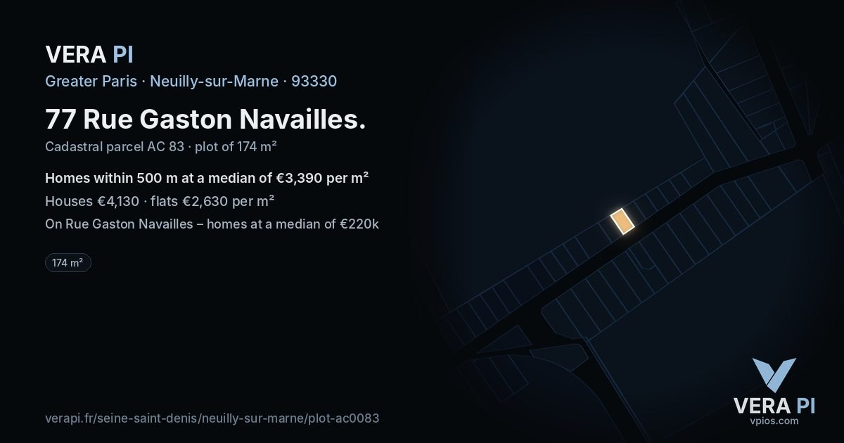 77 Rue Gaston Navailles, Neuilly-sur-Marne at night – the plot lit, the parcels around coloured by the prices near them