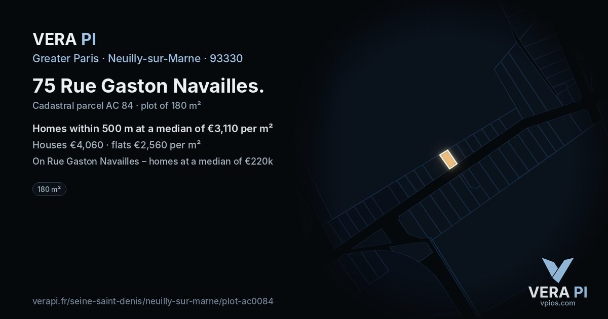 75 Rue Gaston Navailles, Neuilly-sur-Marne at night – the plot lit, the parcels around coloured by the prices near them