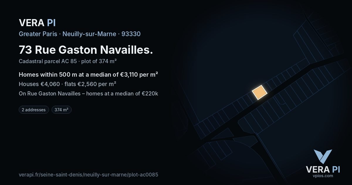 73 Rue Gaston Navailles, Neuilly-sur-Marne at night – the plot lit, the parcels around coloured by the prices near them