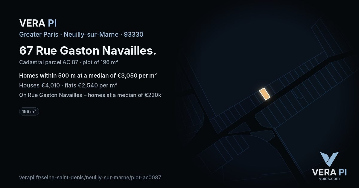 67 Rue Gaston Navailles, Neuilly-sur-Marne at night – the plot lit, the parcels around coloured by the prices near them