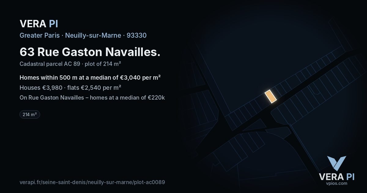 63 Rue Gaston Navailles, Neuilly-sur-Marne at night – the plot lit, the parcels around coloured by the prices near them
