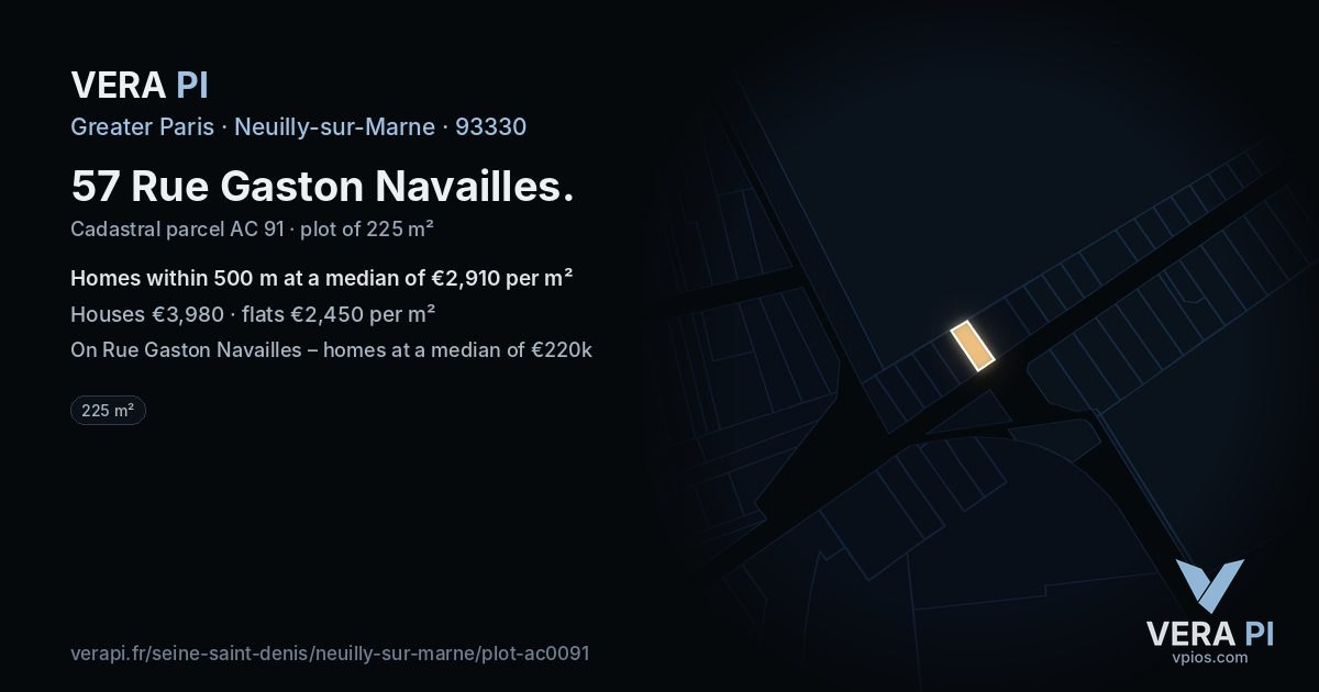 57 Rue Gaston Navailles, Neuilly-sur-Marne at night – the plot lit, the parcels around coloured by the prices near them