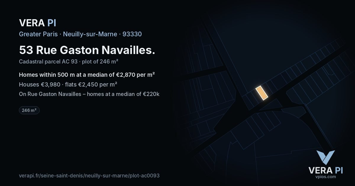 53 Rue Gaston Navailles, Neuilly-sur-Marne at night – the plot lit, the parcels around coloured by the prices near them