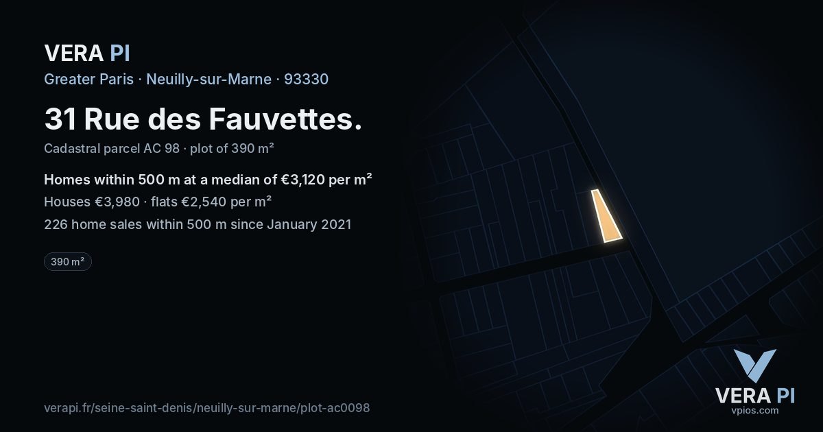 31 Rue des Fauvettes, Neuilly-sur-Marne at night – the plot lit, the parcels around coloured by the prices near them