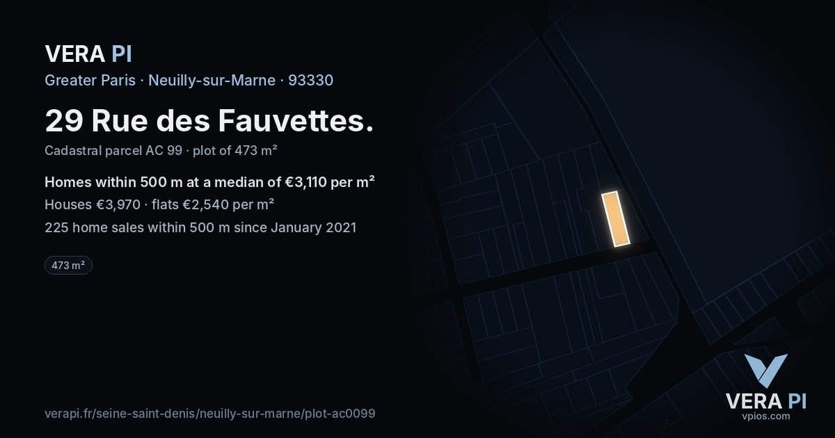29 Rue des Fauvettes, Neuilly-sur-Marne at night – the plot lit, the parcels around coloured by the prices near them