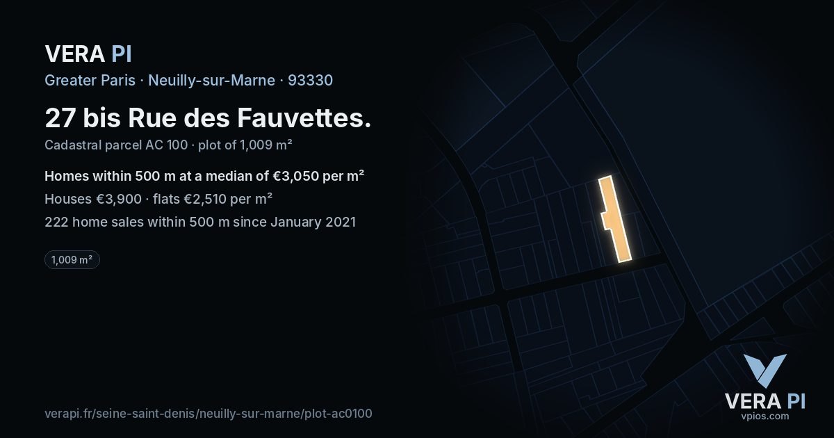 27 bis Rue des Fauvettes, Neuilly-sur-Marne at night – the plot lit, the parcels around coloured by the prices near them
