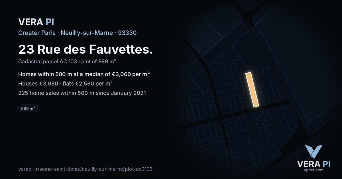 23 Rue des Fauvettes, Neuilly-sur-Marne at night – the plot lit, the parcels around coloured by the prices near them