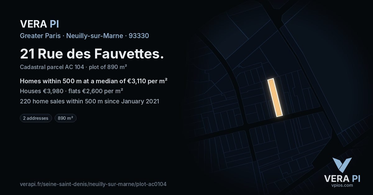 21 Rue des Fauvettes, Neuilly-sur-Marne at night – the plot lit, the parcels around coloured by the prices near them