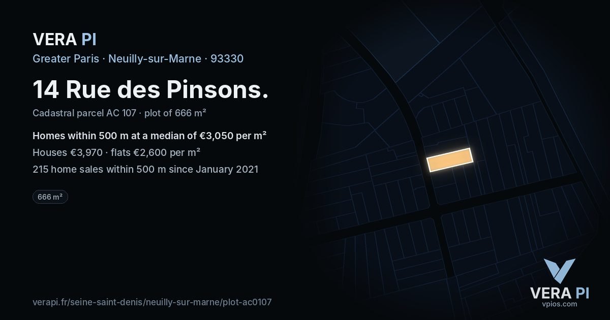 14 Rue des Pinsons, Neuilly-sur-Marne at night – the plot lit, the parcels around coloured by the prices near them