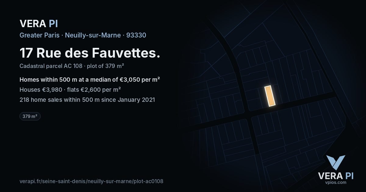 17 Rue des Fauvettes, Neuilly-sur-Marne at night – the plot lit, the parcels around coloured by the prices near them