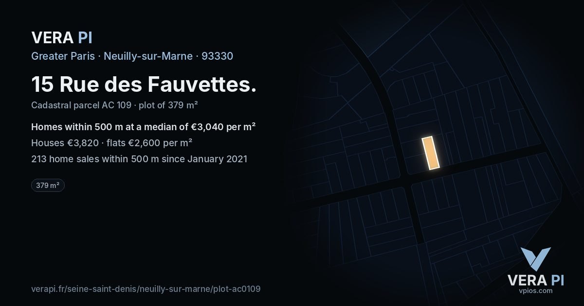 15 Rue des Fauvettes, Neuilly-sur-Marne at night – the plot lit, the parcels around coloured by the prices near them