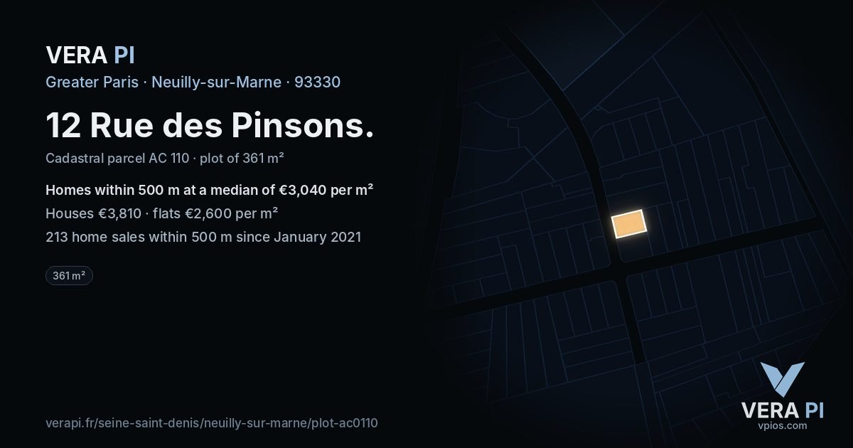 12 Rue des Pinsons, Neuilly-sur-Marne at night – the plot lit, the parcels around coloured by the prices near them