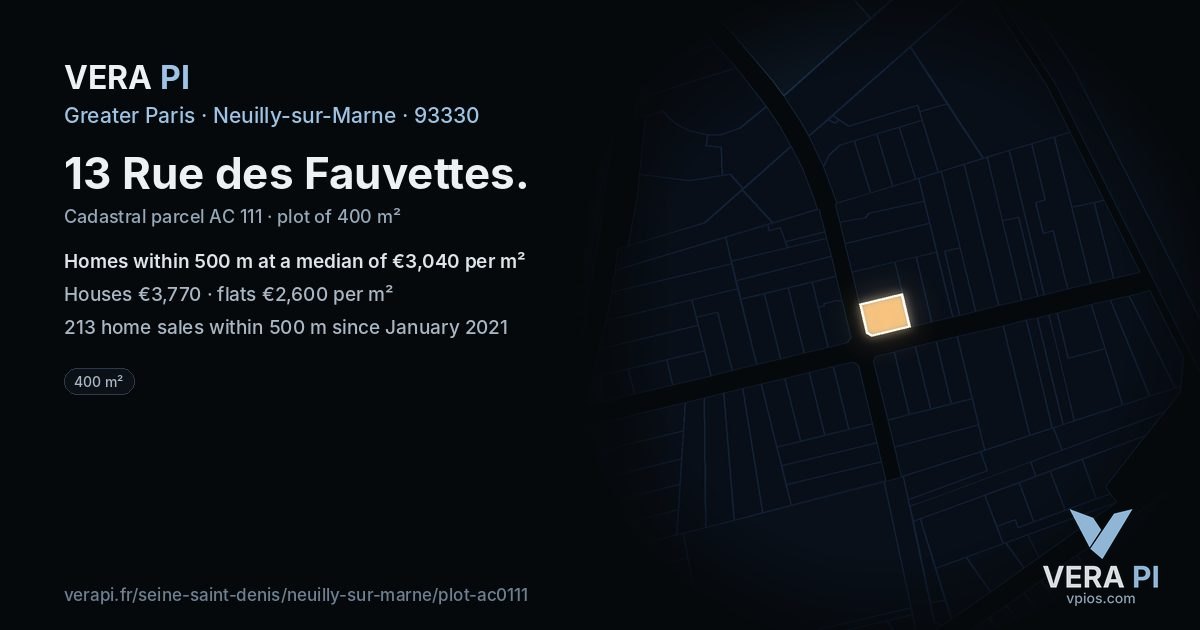 13 Rue des Fauvettes, Neuilly-sur-Marne at night – the plot lit, the parcels around coloured by the prices near them
