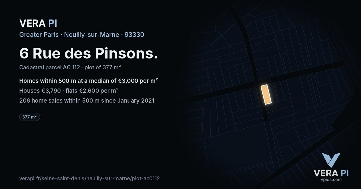 6 Rue des Pinsons, Neuilly-sur-Marne at night – the plot lit, the parcels around coloured by the prices near them
