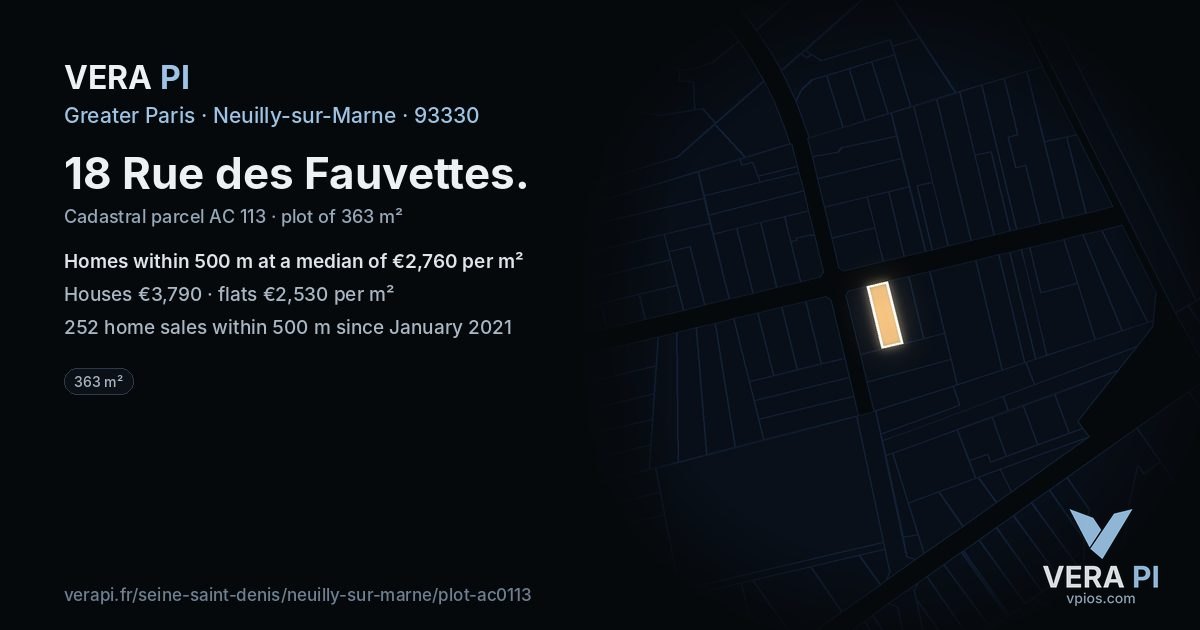 18 Rue des Fauvettes, Neuilly-sur-Marne at night – the plot lit, the parcels around coloured by the prices near them