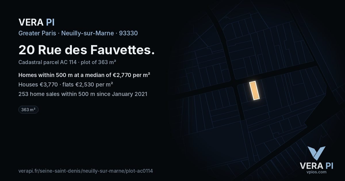 20 Rue des Fauvettes, Neuilly-sur-Marne at night – the plot lit, the parcels around coloured by the prices near them