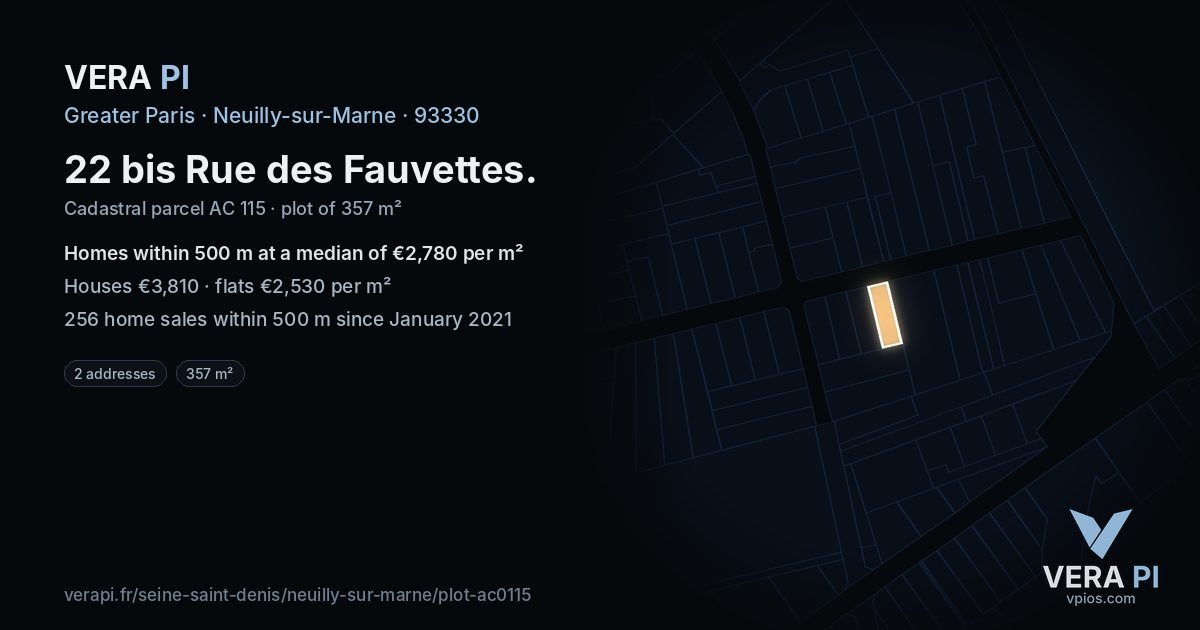 22 bis Rue des Fauvettes, Neuilly-sur-Marne at night – the plot lit, the parcels around coloured by the prices near them