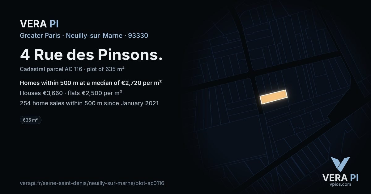 4 Rue des Pinsons, Neuilly-sur-Marne at night – the plot lit, the parcels around coloured by the prices near them