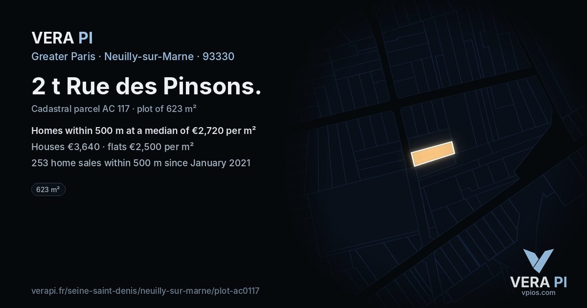 2 t Rue des Pinsons, Neuilly-sur-Marne at night – the plot lit, the parcels around coloured by the prices near them
