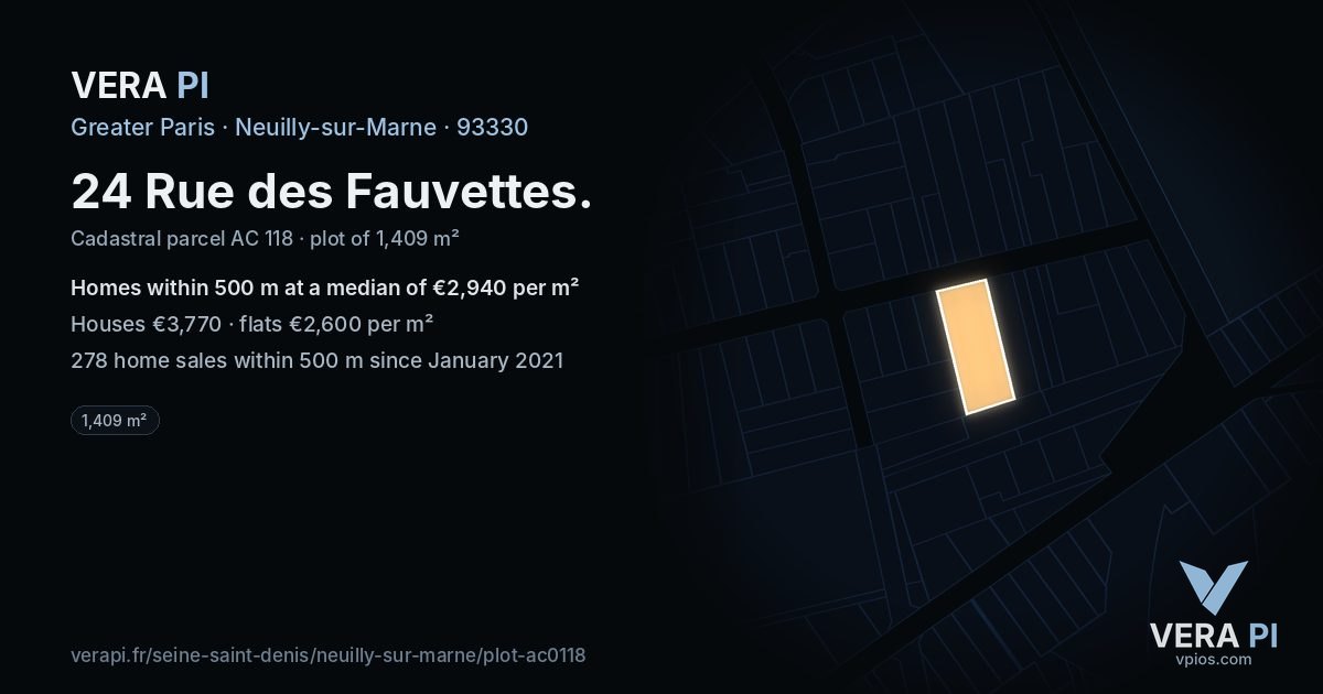 24 Rue des Fauvettes, Neuilly-sur-Marne at night – the plot lit, the parcels around coloured by the prices near them