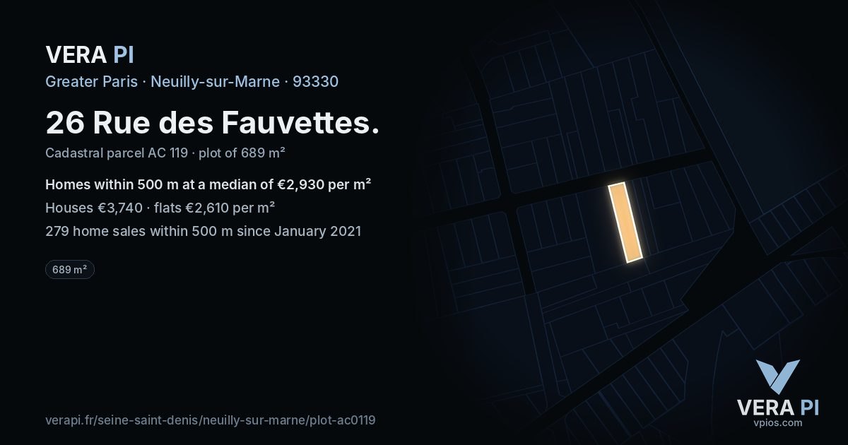 26 Rue des Fauvettes, Neuilly-sur-Marne at night – the plot lit, the parcels around coloured by the prices near them