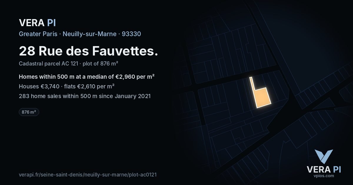 28 Rue des Fauvettes, Neuilly-sur-Marne at night – the plot lit, the parcels around coloured by the prices near them