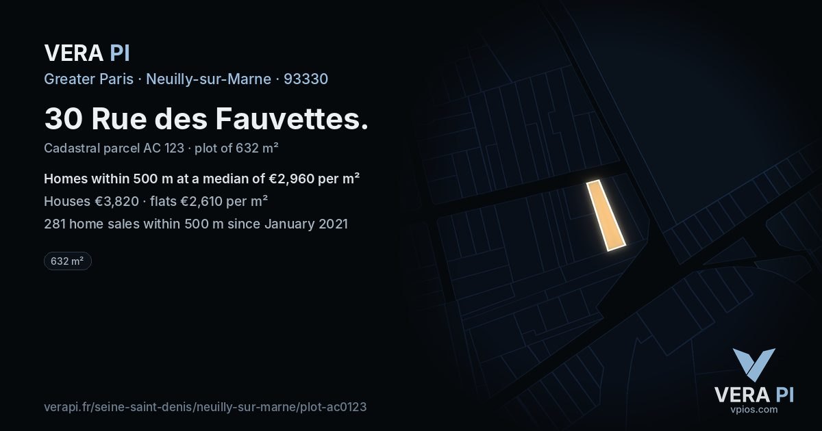 30 Rue des Fauvettes, Neuilly-sur-Marne at night – the plot lit, the parcels around coloured by the prices near them
