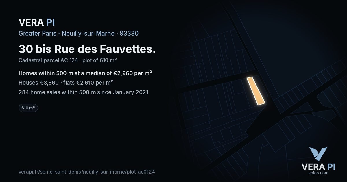 30 bis Rue des Fauvettes, Neuilly-sur-Marne at night – the plot lit, the parcels around coloured by the prices near them