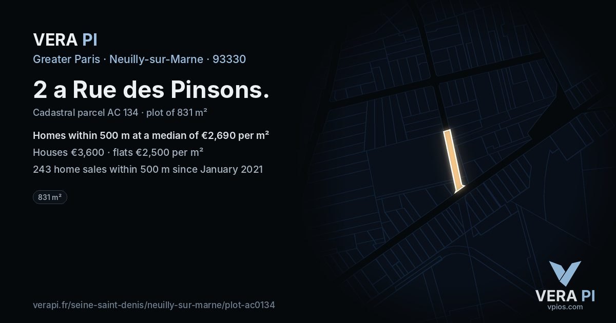 2 a Rue des Pinsons, Neuilly-sur-Marne at night – the plot lit, the parcels around coloured by the prices near them
