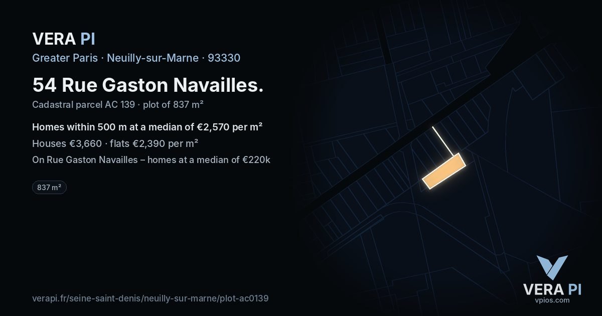 54 Rue Gaston Navailles, Neuilly-sur-Marne at night – the plot lit, the parcels around coloured by the prices near them