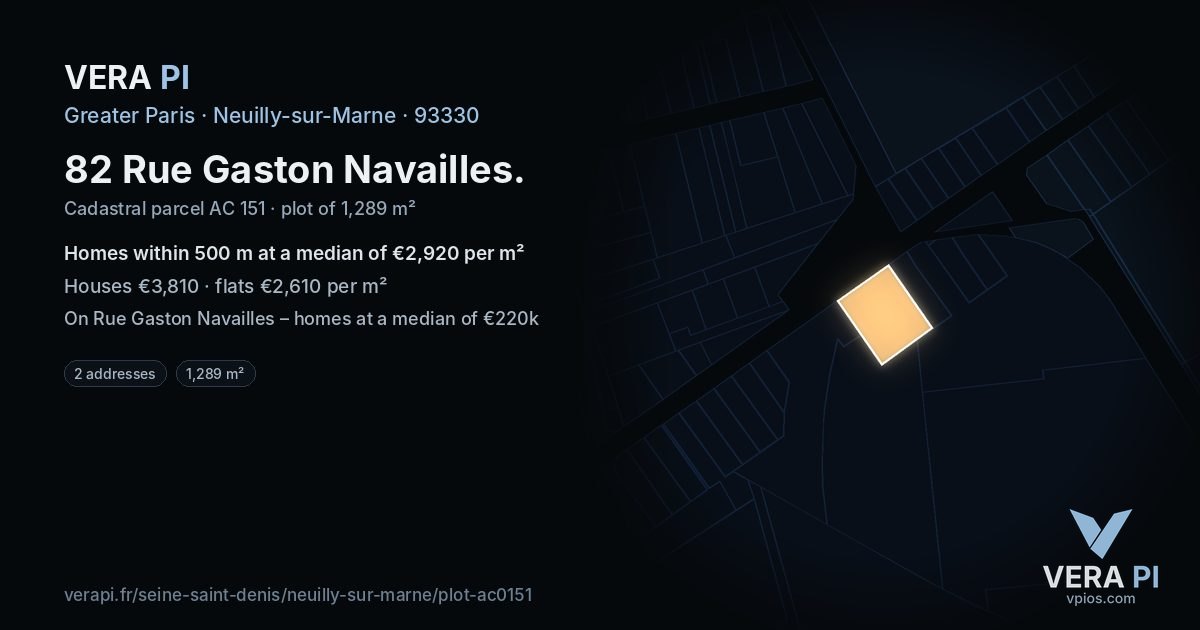 82 Rue Gaston Navailles, Neuilly-sur-Marne at night – the plot lit, the parcels around coloured by the prices near them
