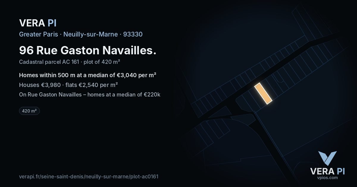 96 Rue Gaston Navailles, Neuilly-sur-Marne at night – the plot lit, the parcels around coloured by the prices near them