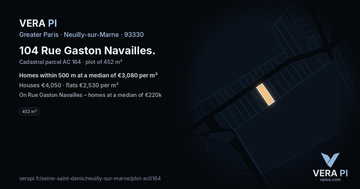 104 Rue Gaston Navailles, Neuilly-sur-Marne at night – the plot lit, the parcels around coloured by the prices near them