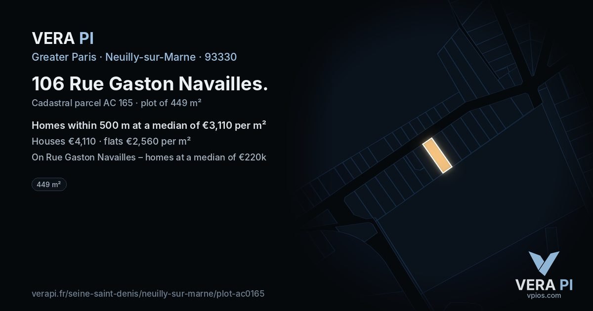 106 Rue Gaston Navailles, Neuilly-sur-Marne at night – the plot lit, the parcels around coloured by the prices near them
