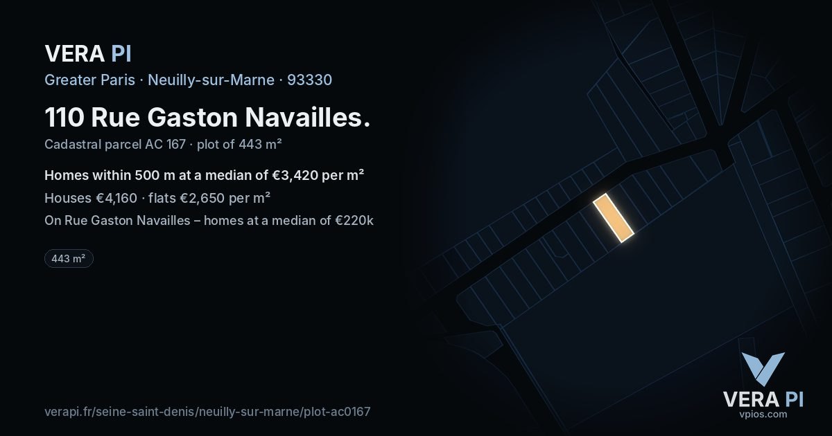110 Rue Gaston Navailles, Neuilly-sur-Marne at night – the plot lit, the parcels around coloured by the prices near them