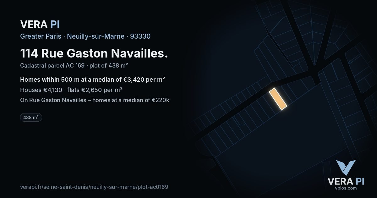 114 Rue Gaston Navailles, Neuilly-sur-Marne at night – the plot lit, the parcels around coloured by the prices near them