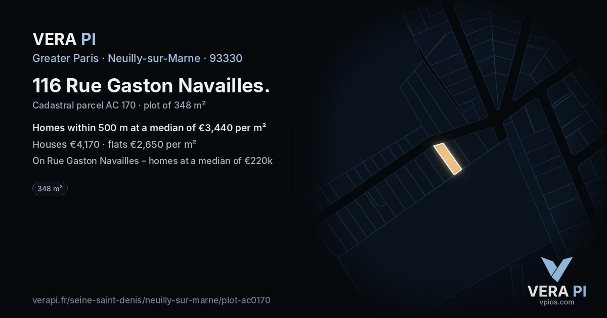 116 Rue Gaston Navailles, Neuilly-sur-Marne at night – the plot lit, the parcels around coloured by the prices near them