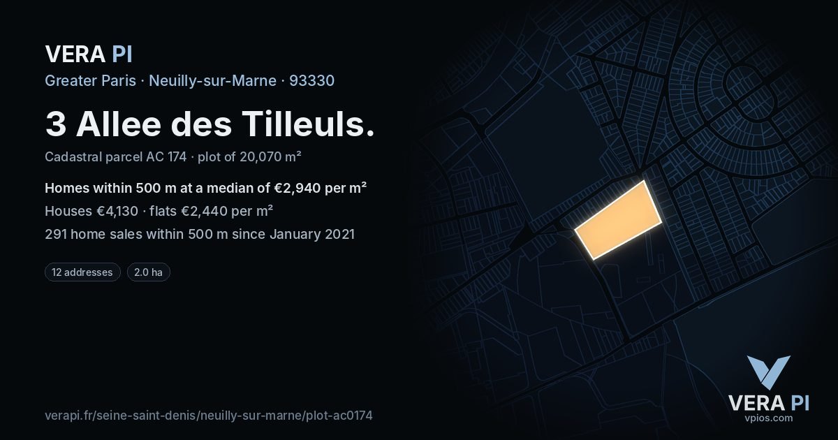 3 Allee des Tilleuls, Neuilly-sur-Marne at night – the plot lit, the parcels around coloured by the prices near them