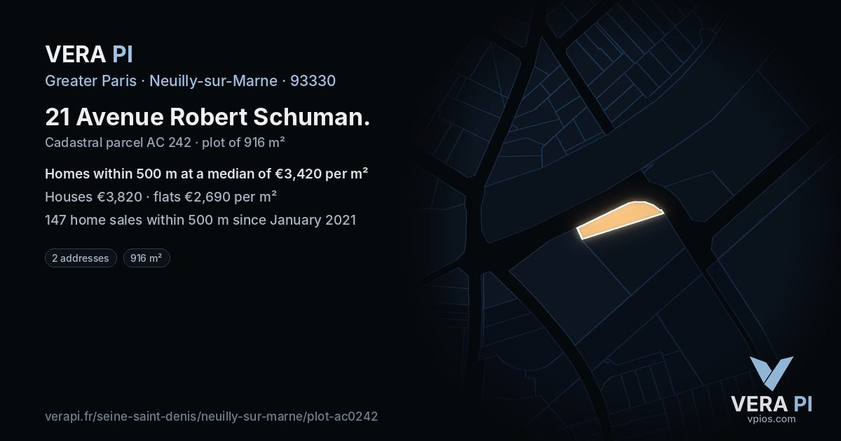 21 Avenue Robert Schuman, Neuilly-sur-Marne at night – the plot lit, the parcels around coloured by the prices near them