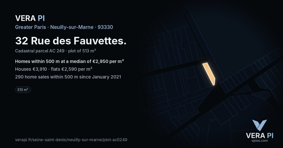 32 Rue des Fauvettes, Neuilly-sur-Marne at night – the plot lit, the parcels around coloured by the prices near them