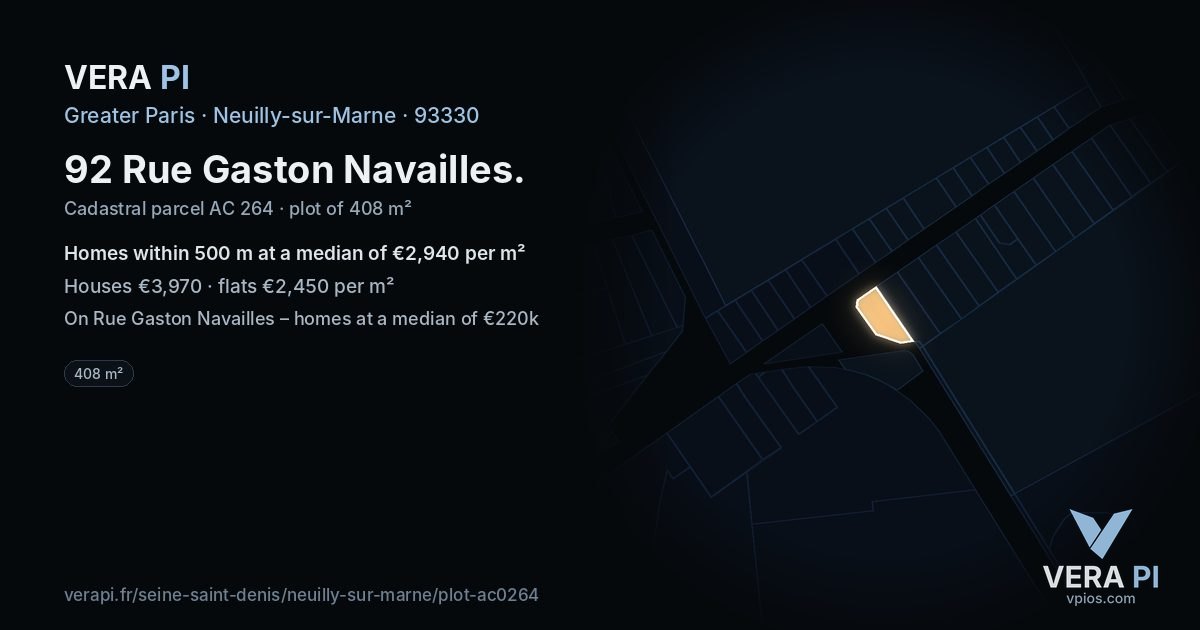 92 Rue Gaston Navailles, Neuilly-sur-Marne at night – the plot lit, the parcels around coloured by the prices near them
